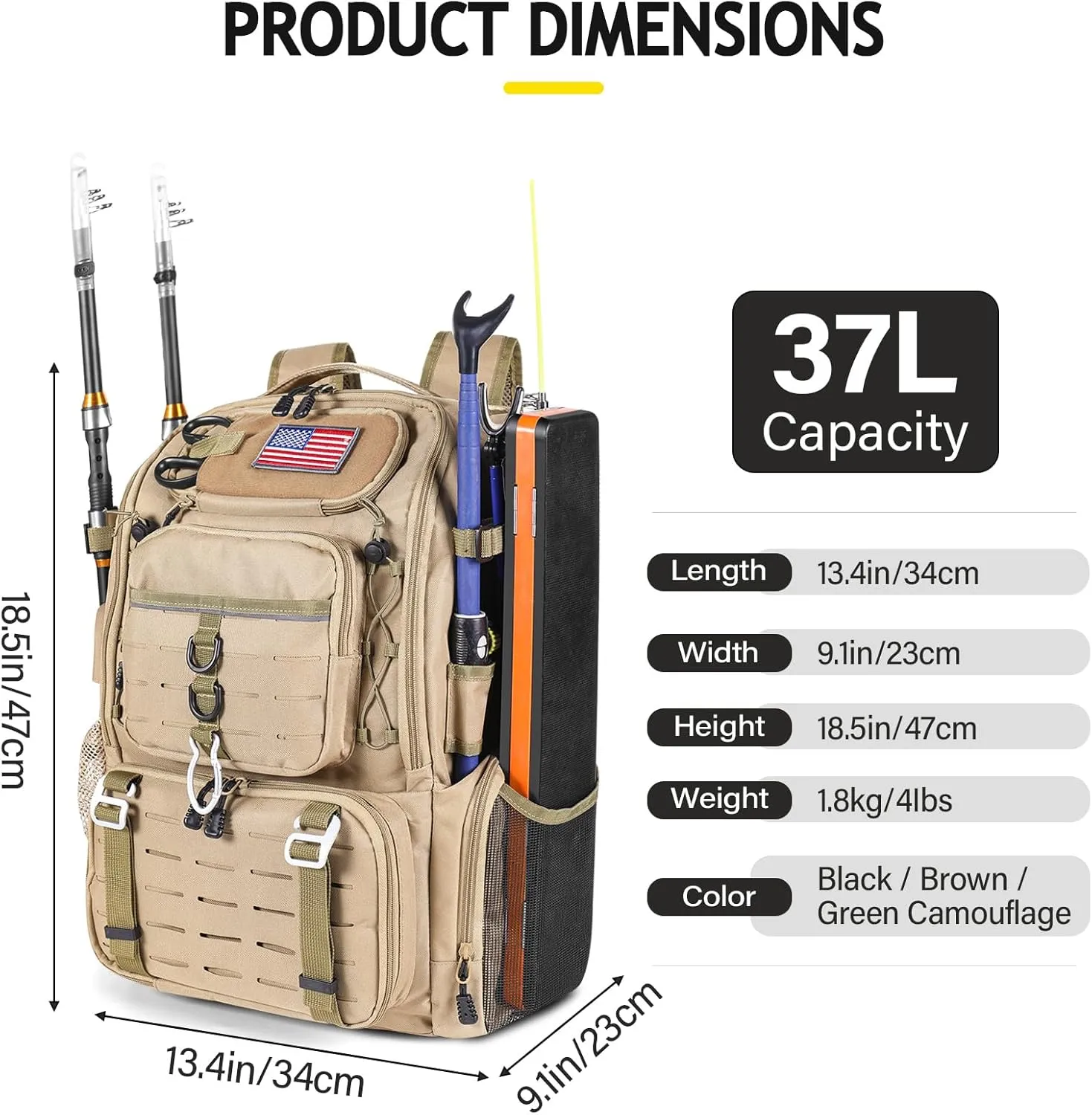 37L Fishing Tackle Backpack with Rod Strap, Insulated Outdoor Tackle Bag with Protective Rain Cover, Brown