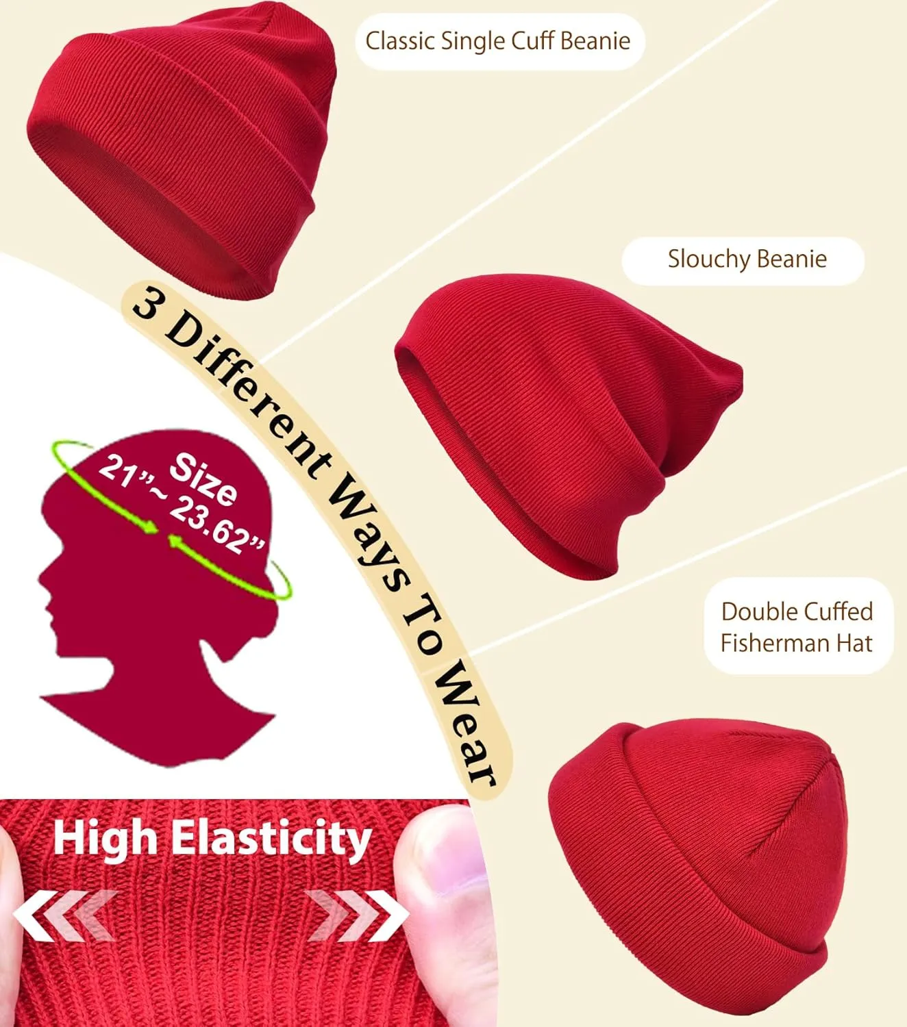 3PCS 100% Cotton Beanie Hats for Women Men, Unisex Winter Warm Knit Hat, Fisherman Slouchy Beanies Cuffed Skull Cap