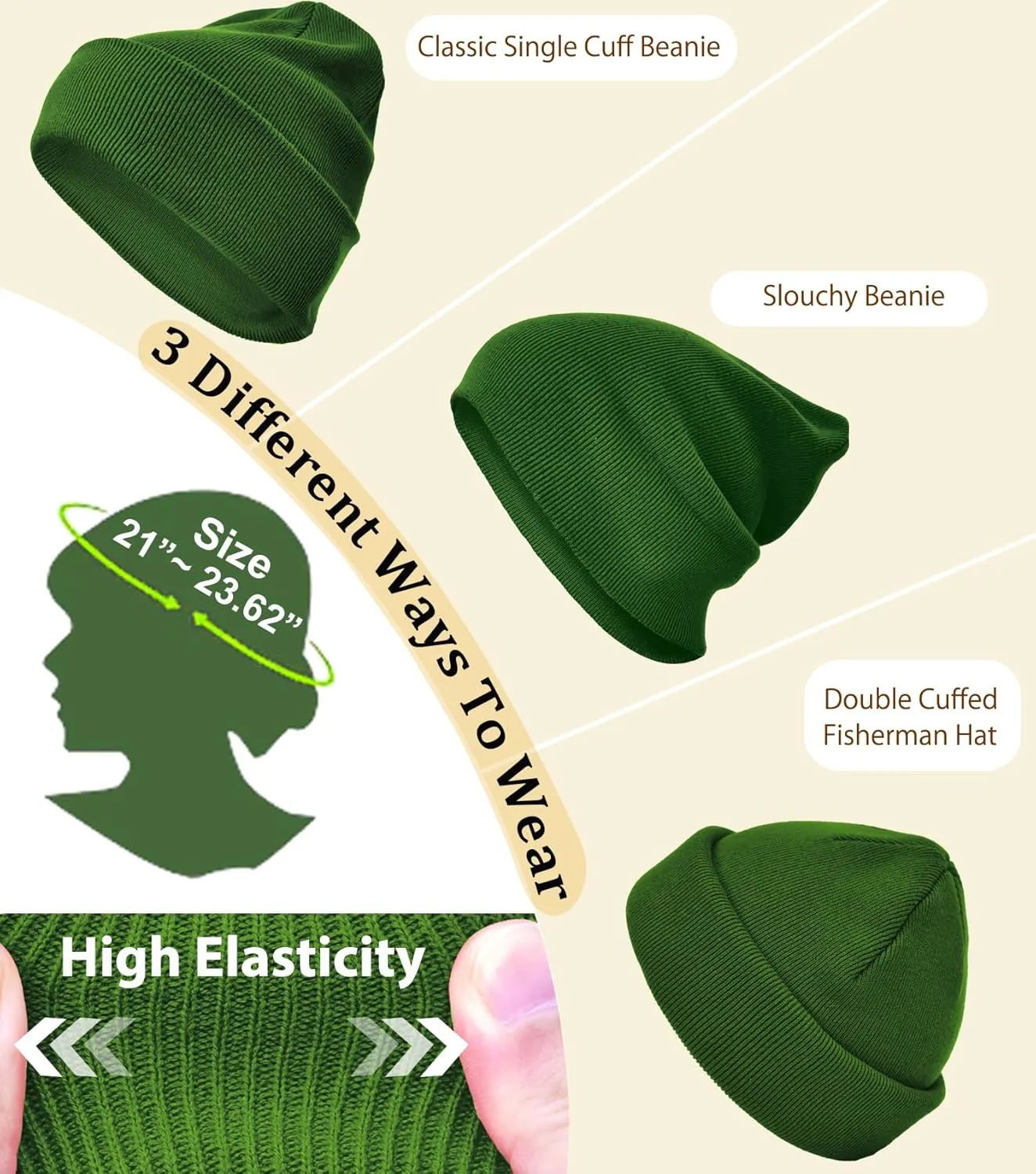 3PCS 100% Cotton Beanie Hats for Women Men, Unisex Winter Warm Knit Hat, Fisherman Slouchy Beanies Cuffed Skull Cap