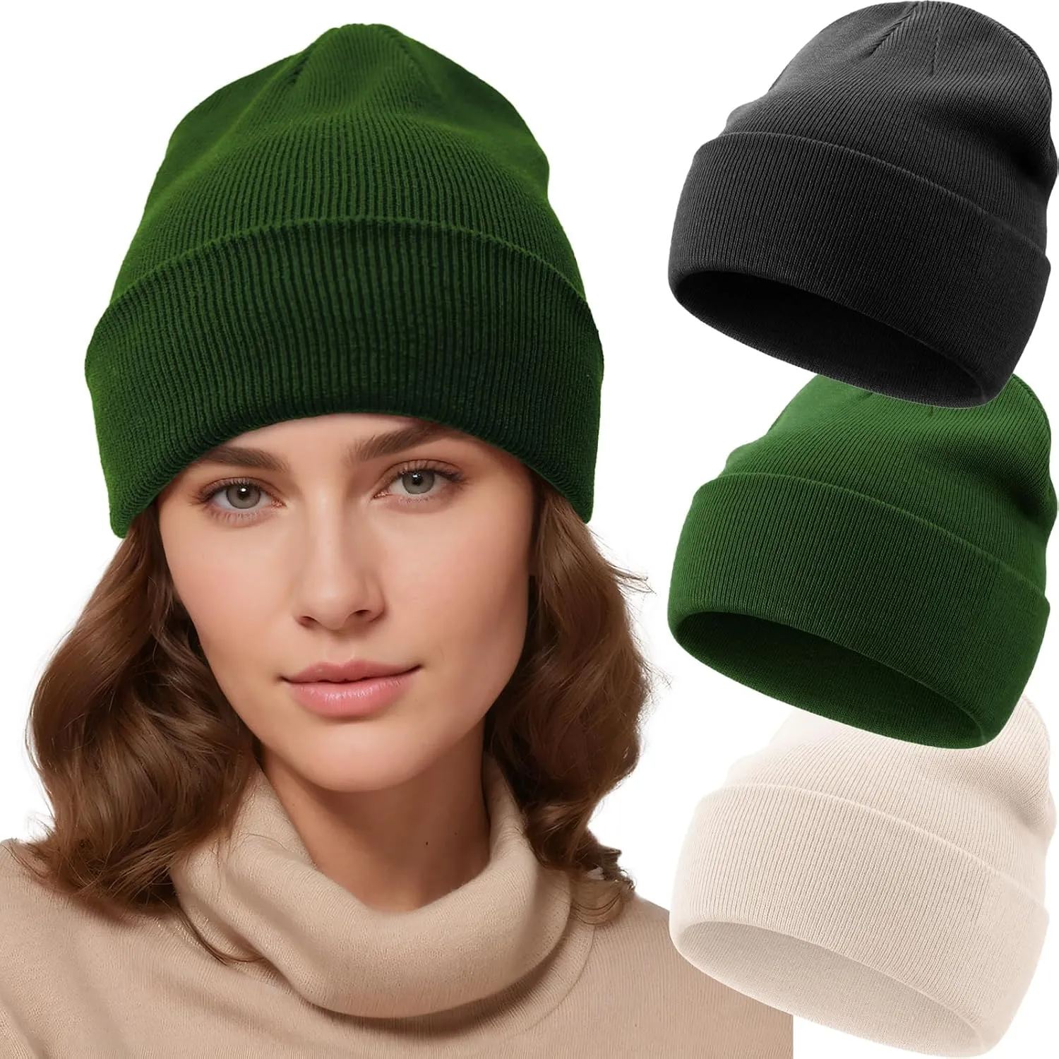 3PCS 100% Cotton Beanie Hats for Women Men, Unisex Winter Warm Knit Hat, Fisherman Slouchy Beanies Cuffed Skull Cap
