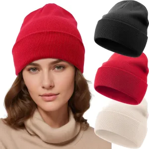 3PCS 100% Cotton Beanie Hats for Women Men, Unisex Winter Warm Knit Hat, Fisherman Slouchy Beanies Cuffed Skull Cap