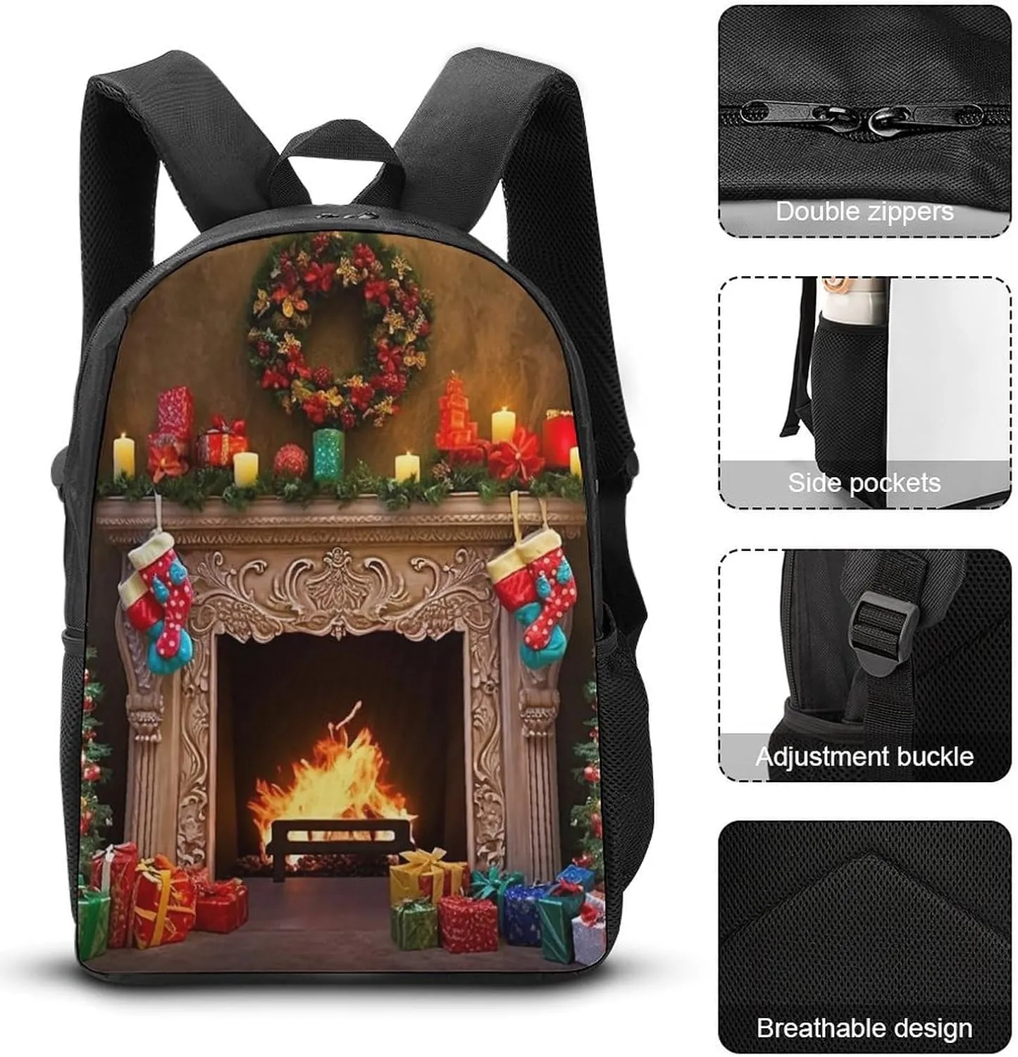 3PCS Colorful Xmas Tree Fireplace Backpack Set, 17 Inch Backpack with Portable Lunch Bag And Pencil Case for Work/Picnic/Travel