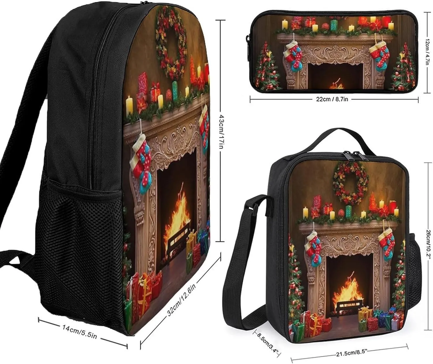 3PCS Colorful Xmas Tree Fireplace Backpack Set, 17 Inch Backpack with Portable Lunch Bag And Pencil Case for Work/Picnic/Travel