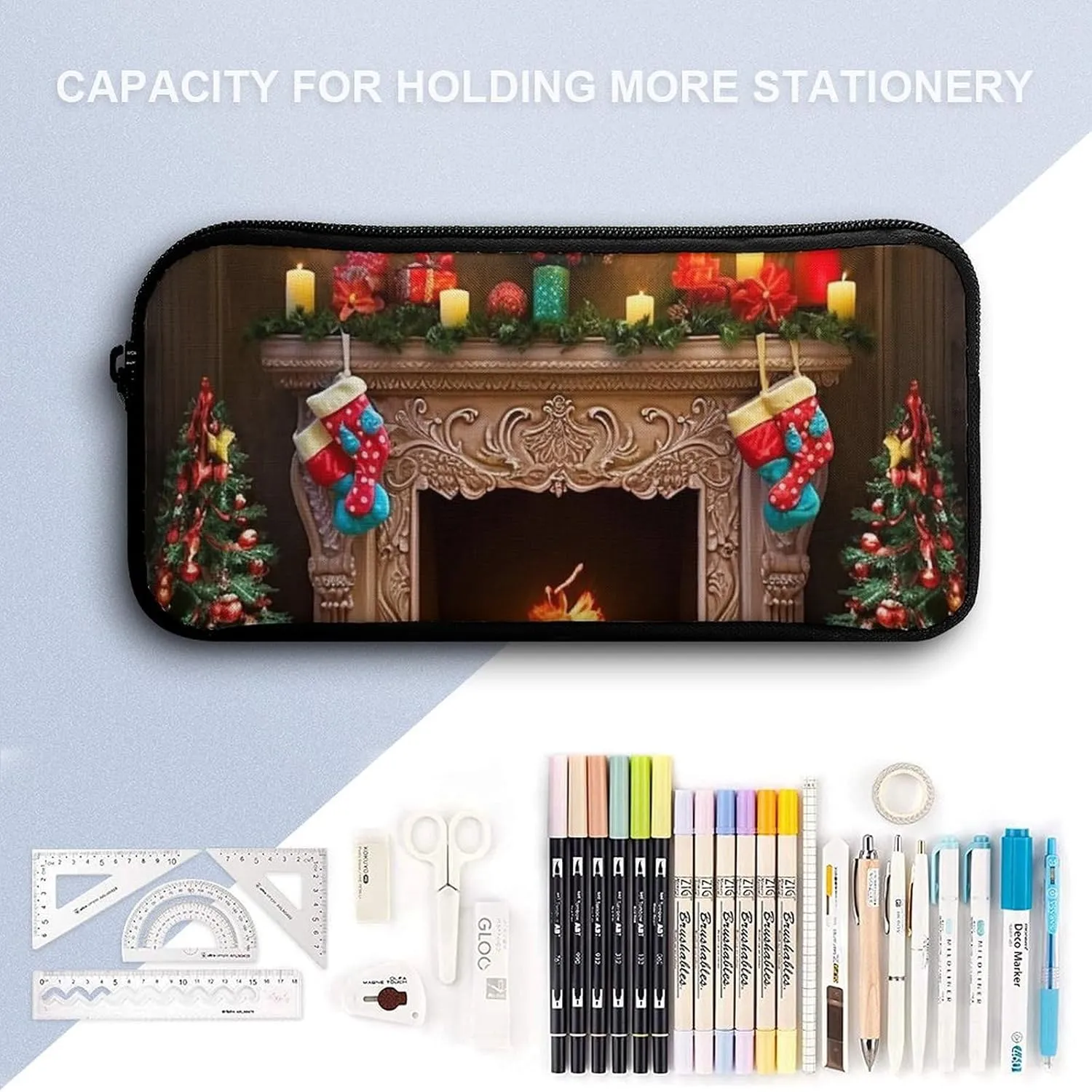 3PCS Colorful Xmas Tree Fireplace Backpack Set, 17 Inch Backpack with Portable Lunch Bag And Pencil Case for Work/Picnic/Travel