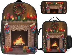 3PCS Colorful Xmas Tree Fireplace Backpack Set, 17 Inch Backpack with Portable Lunch Bag And Pencil Case for Work/Picnic/Travel