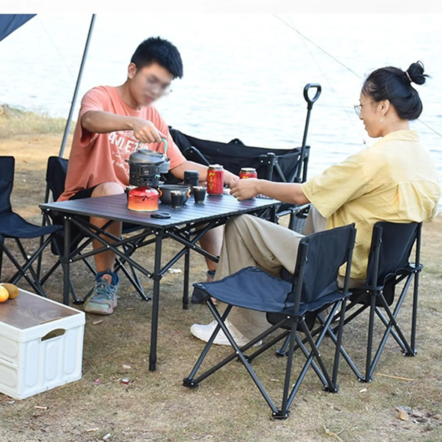 4-6 Person Portable Outdoor Folding Table with Mesh Bag, Roll-Up Lightweight Picnic Table for Camping, Hiking, Backpacking & Fishing(Beige,19.7in*21.7in*47.2in with mesh Pocket)