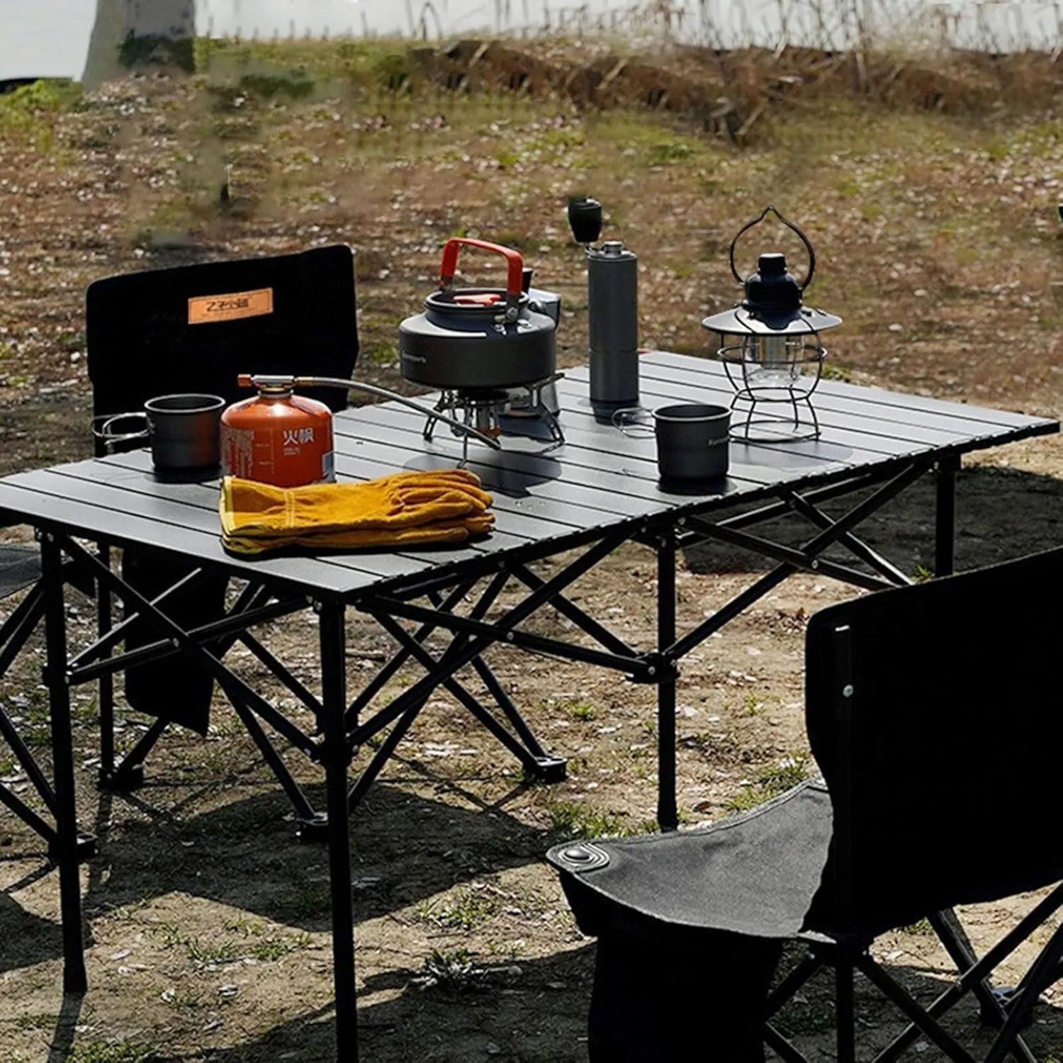 4-6 Person Portable Outdoor Folding Table with Mesh Bag, Roll-Up Lightweight Picnic Table for Camping, Hiking, Backpacking & Fishing(Beige,19.7in*21.7in*47.2in with mesh Pocket)