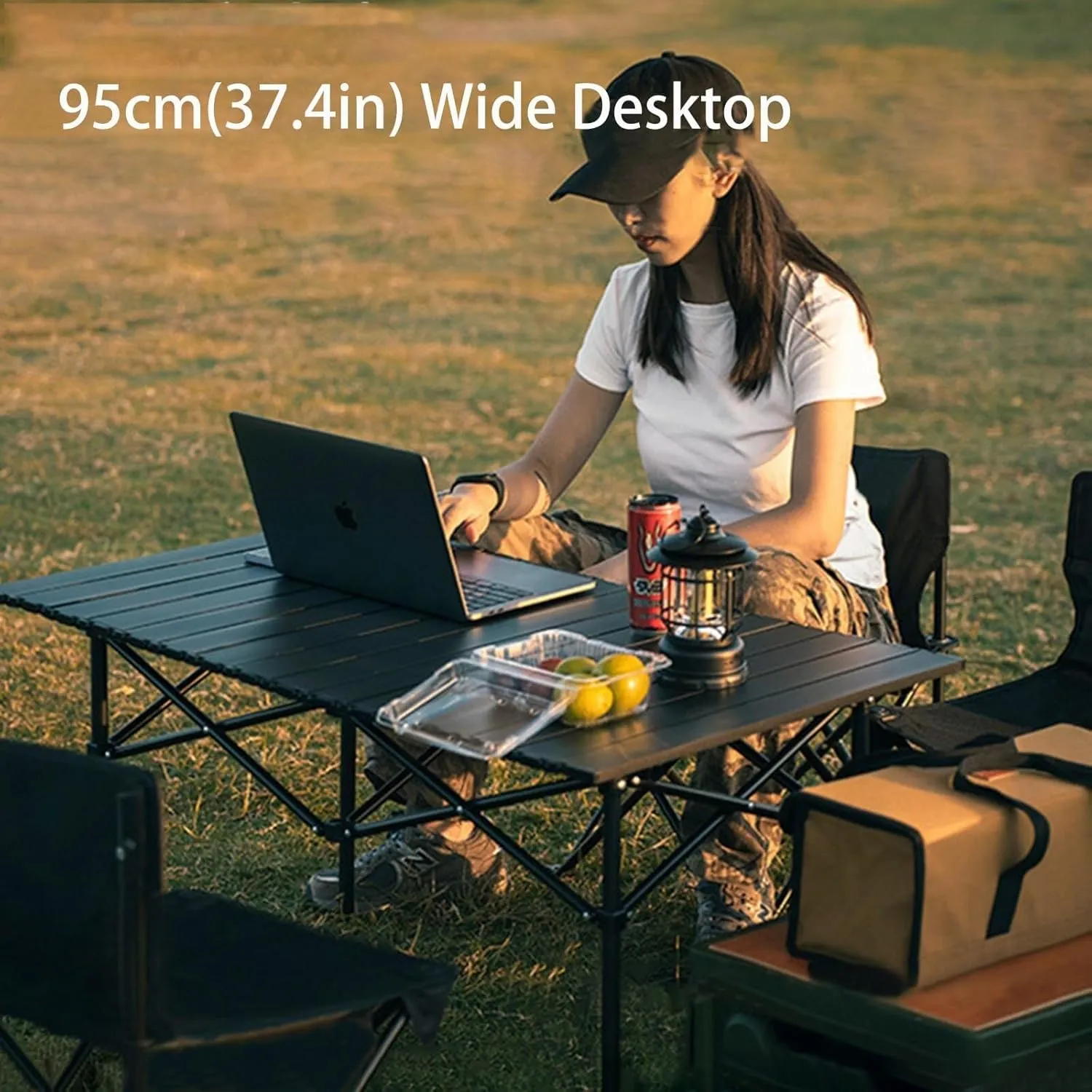4-6 Person Portable Outdoor Folding Table with Mesh Bag, Roll-Up Lightweight Picnic Table for Camping, Hiking, Backpacking & Fishing(Beige,19.7in*21.7in*47.2in with mesh Pocket)