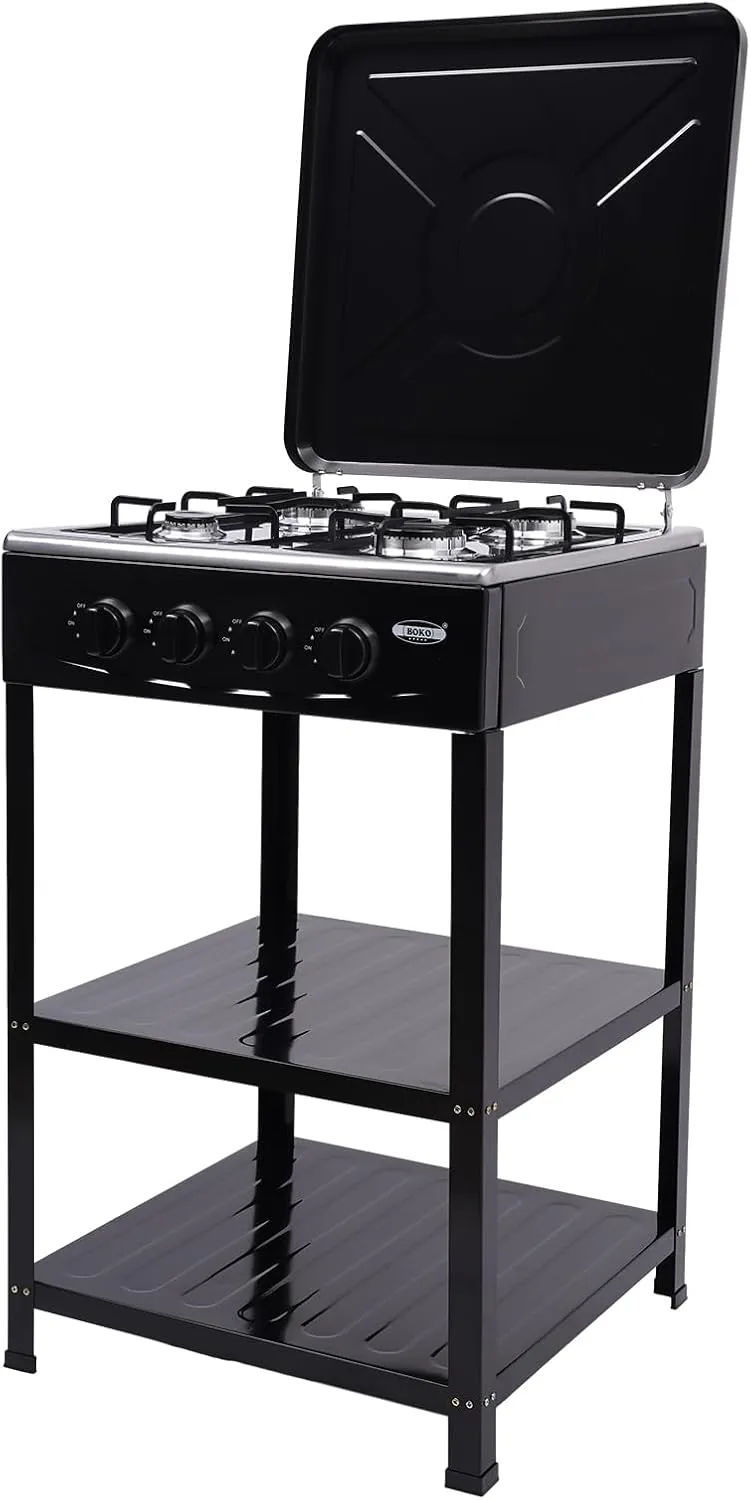 4 Burner Gas Stove, Portable Propane Stove with Support Leg Stand and Wind Blocking Cover Adapter, Manual Ignition Camping Stove, ideal for Home Cooking, RV, Apartment, Commercial Purpose (Black)