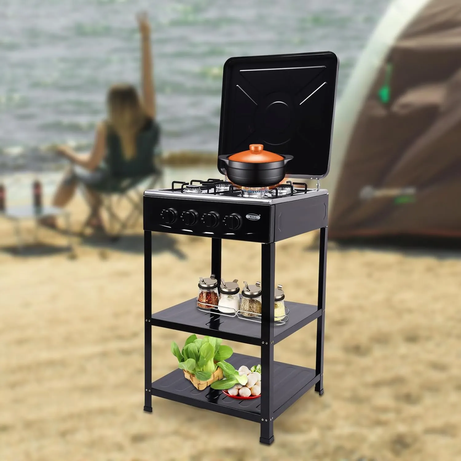 4 Burner Gas Stove, Portable Propane Stove with Support Leg Stand and Wind Blocking Cover Adapter, Manual Ignition Camping Stove, ideal for Home Cooking, RV, Apartment, Commercial Purpose (Black)
