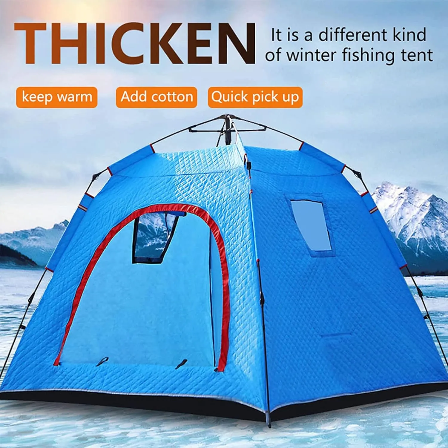 4 Person Outdoor Ice Fishing Shelter Fishing Cotton Tent Thicken Warm Tent Winter Waterproof Camping Tent with Moisture-Proof Pad, 210X210X170CM, Blue