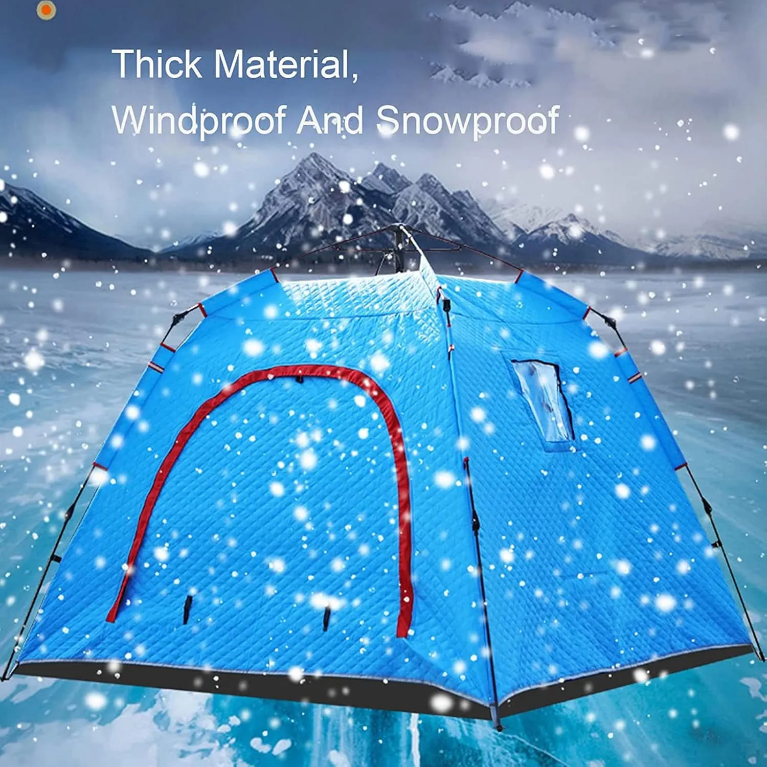 4 Person Outdoor Ice Fishing Shelter Fishing Cotton Tent Thicken Warm Tent Winter Waterproof Camping Tent with Moisture-Proof Pad, 210X210X170CM, Blue