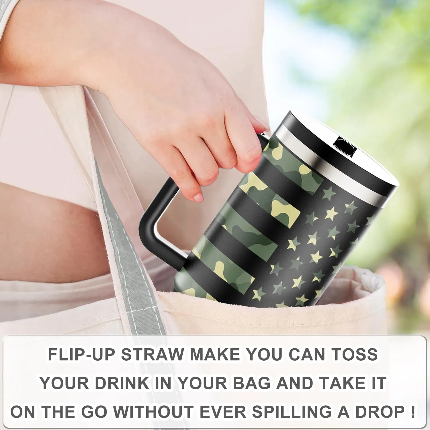 40 oz Tumbler with Handle and Flip Straw Lid Insulated Traveler Tumblers with Lids Straws Vacuum Leak Proof Stainless Steel 40oz Cup Mug Gifts for Men Women Him Her (Camouflage Flag)