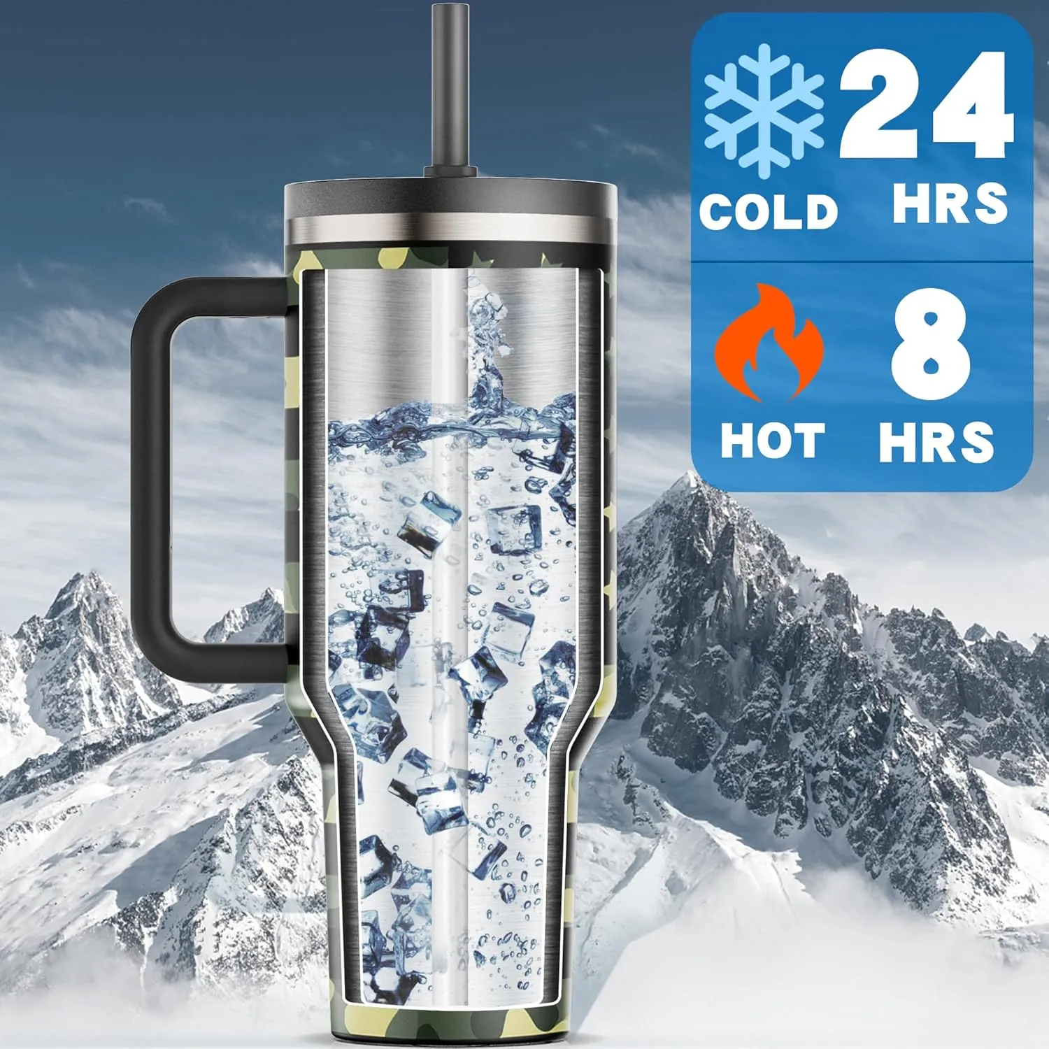 40 oz Tumbler with Handle and Flip Straw Lid Insulated Traveler Tumblers with Lids Straws Vacuum Leak Proof Stainless Steel 40oz Cup Mug Gifts for Men Women Him Her (Camouflage Flag)