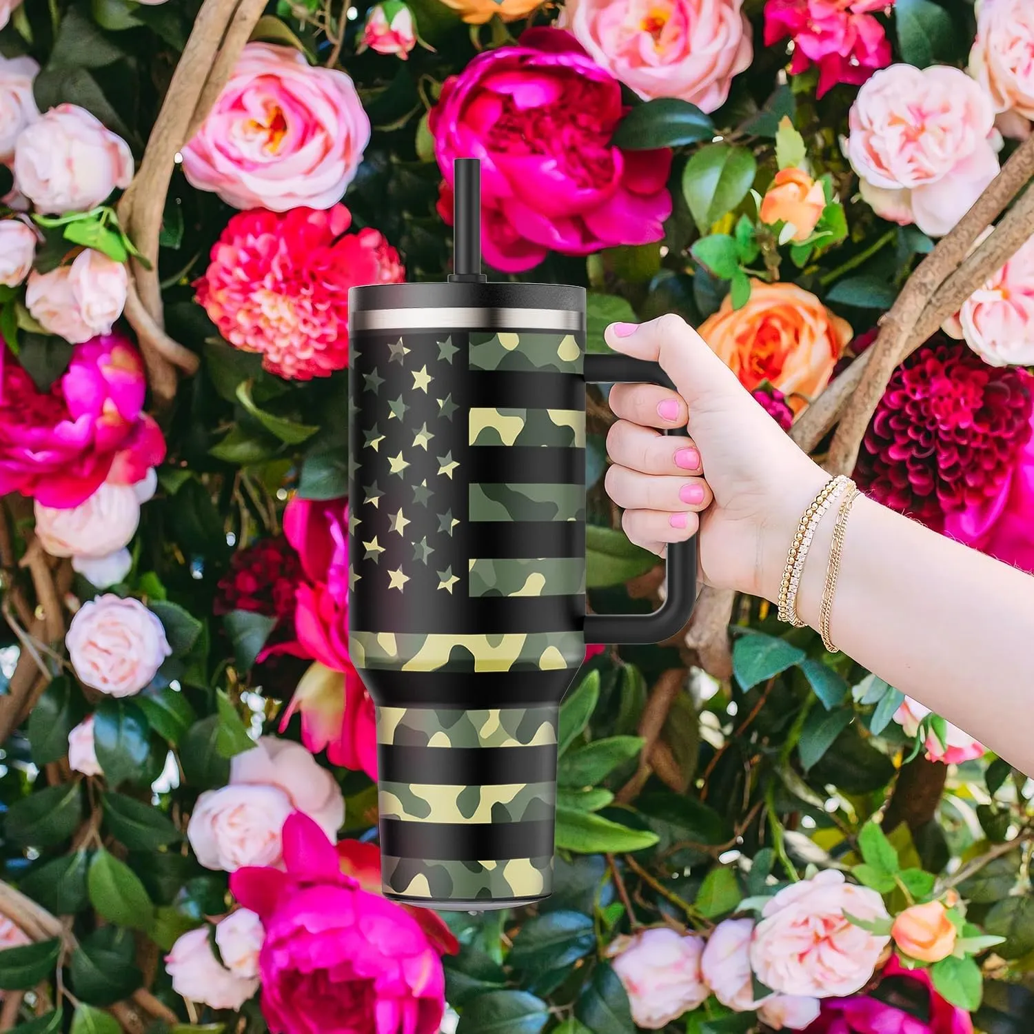 40 oz Tumbler with Handle and Flip Straw Lid Insulated Traveler Tumblers with Lids Straws Vacuum Leak Proof Stainless Steel 40oz Cup Mug Gifts for Men Women Him Her (Camouflage Flag)
