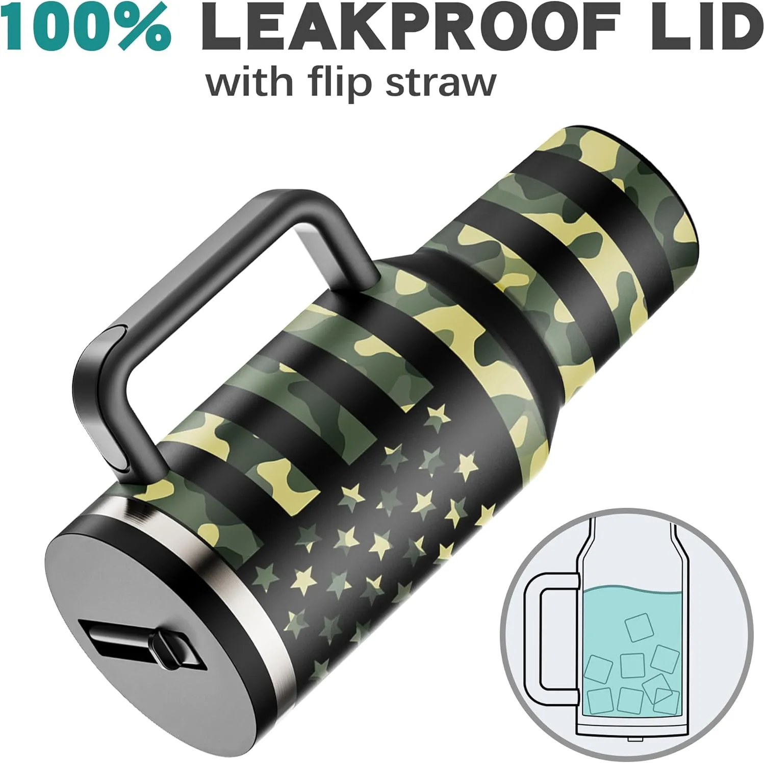 40 oz Tumbler with Handle and Flip Straw Lid Insulated Traveler Tumblers with Lids Straws Vacuum Leak Proof Stainless Steel 40oz Cup Mug Gifts for Men Women Him Her (Camouflage Flag)