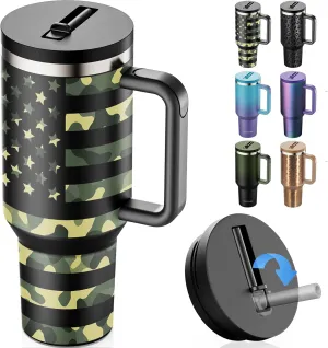 40 oz Tumbler with Handle and Flip Straw Lid Insulated Traveler Tumblers with Lids Straws Vacuum Leak Proof Stainless Steel 40oz Cup Mug Gifts for Men Women Him Her (Camouflage Flag)