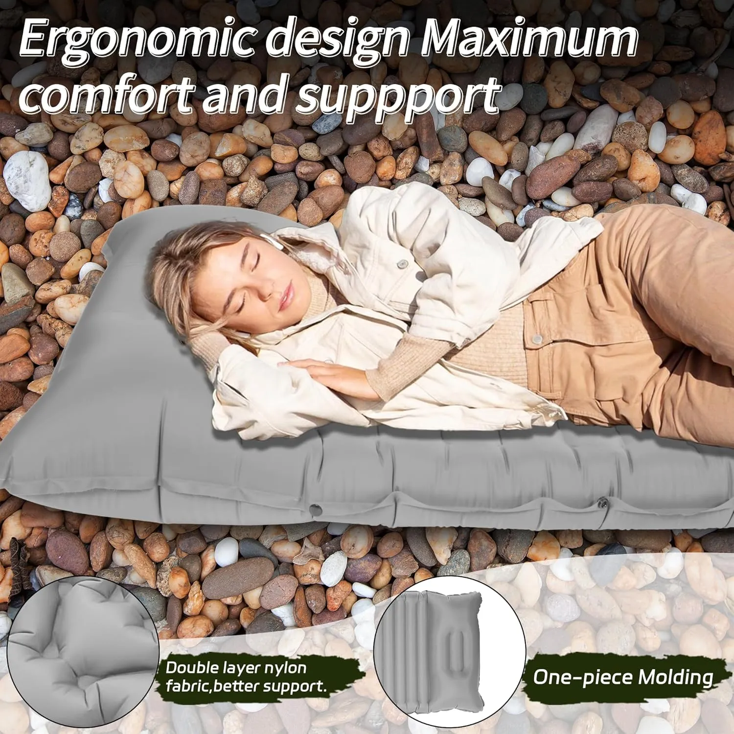 40D Self-Inflating Camping Pad, Insulated Ultralight Sleeping Mat for Backpacking, Winter Camping, 2-Layer Anti-Leak Design w/Built-in Pillow, Foot Pump Foldable Pad, Grey