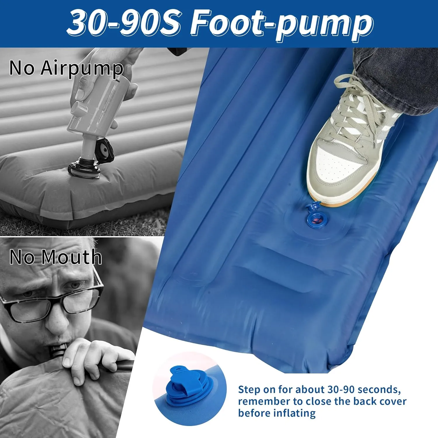 40D Self-Inflating Camping Pad, Insulated Ultralight Sleeping Mat for Backpacking, Winter Camping, 2-Layer Anti-Leak Design w/Built-in Pillow, Foot Pump Foldable Pad, Royal Blue