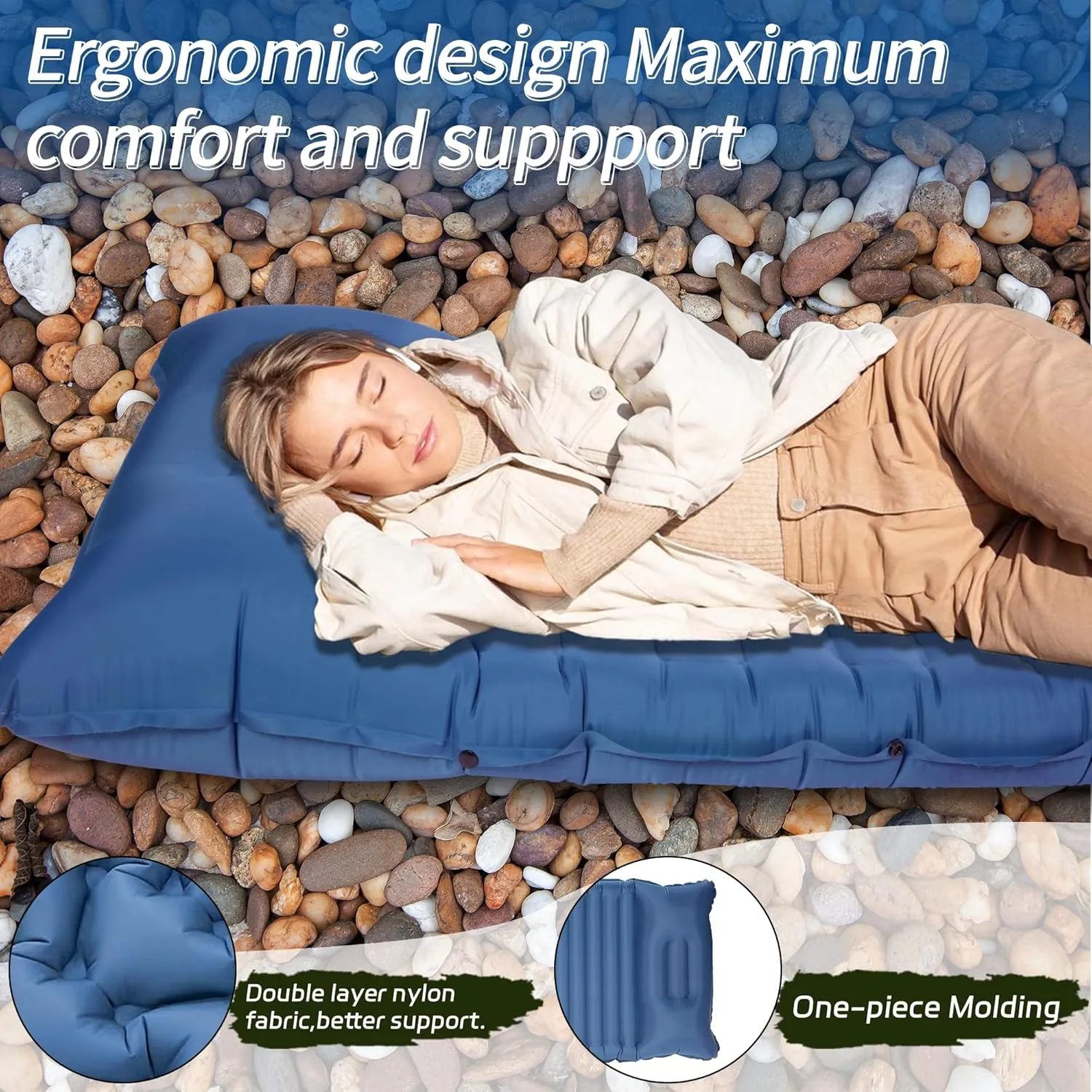 40D Self-Inflating Camping Pad, Insulated Ultralight Sleeping Mat for Backpacking, Winter Camping, 2-Layer Anti-Leak Design w/Built-in Pillow, Foot Pump Foldable Pad, Royal Blue