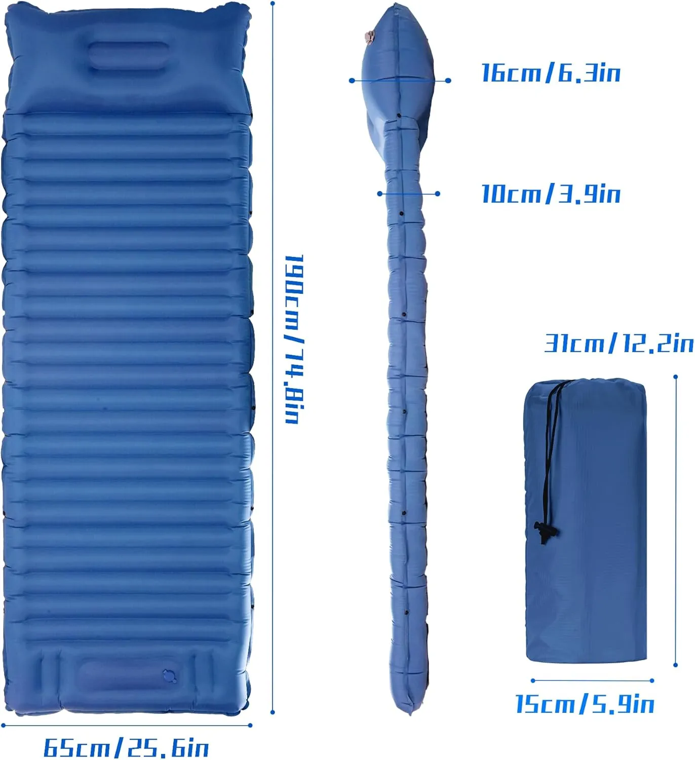 40D Self-Inflating Camping Pad, Insulated Ultralight Sleeping Mat for Backpacking, Winter Camping, 2-Layer Anti-Leak Design w/Built-in Pillow, Foot Pump Foldable Pad, Royal Blue
