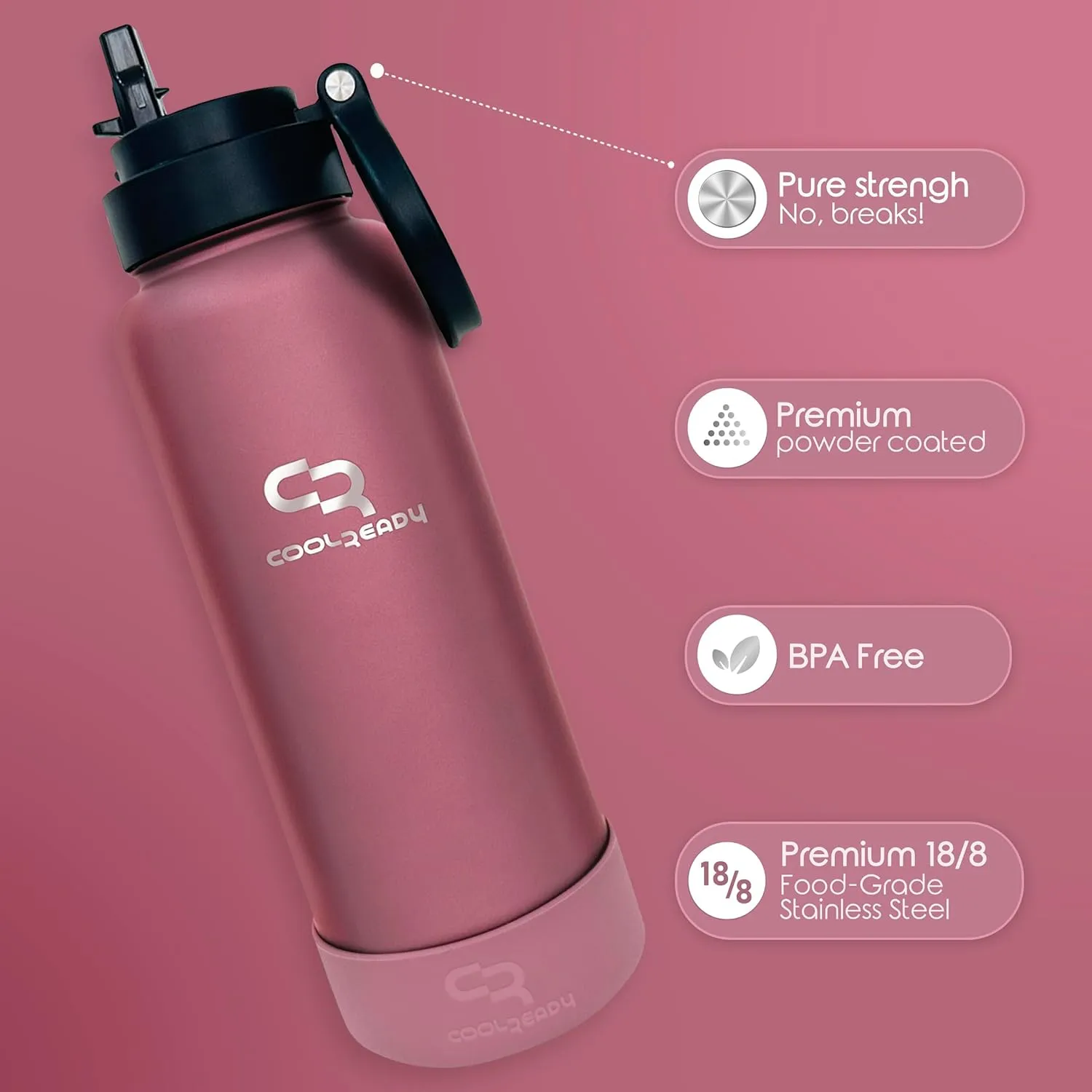 40oz Pink Double Walled Insulated Stainless Steel Water Bottle with Straw Lid, Chug Lid, Silicon Boot, Wide Mouth, Workout Bottle for Men and Women