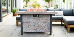 44" W x 25" H Outdoor Patio Propane Gas Fire Pit Table 50,000 BTU High Temperature Resistant Carving Process for Environmentally Friendly Materials with The Effect of Cultured Stone