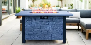 44" W x 25" H Outdoor Patio Propane Gas Fire Pit Table 50,000 BTU High Temperature Resistant Carving Process for Environmentally Friendly Materials with The Effect of Cultured Stone