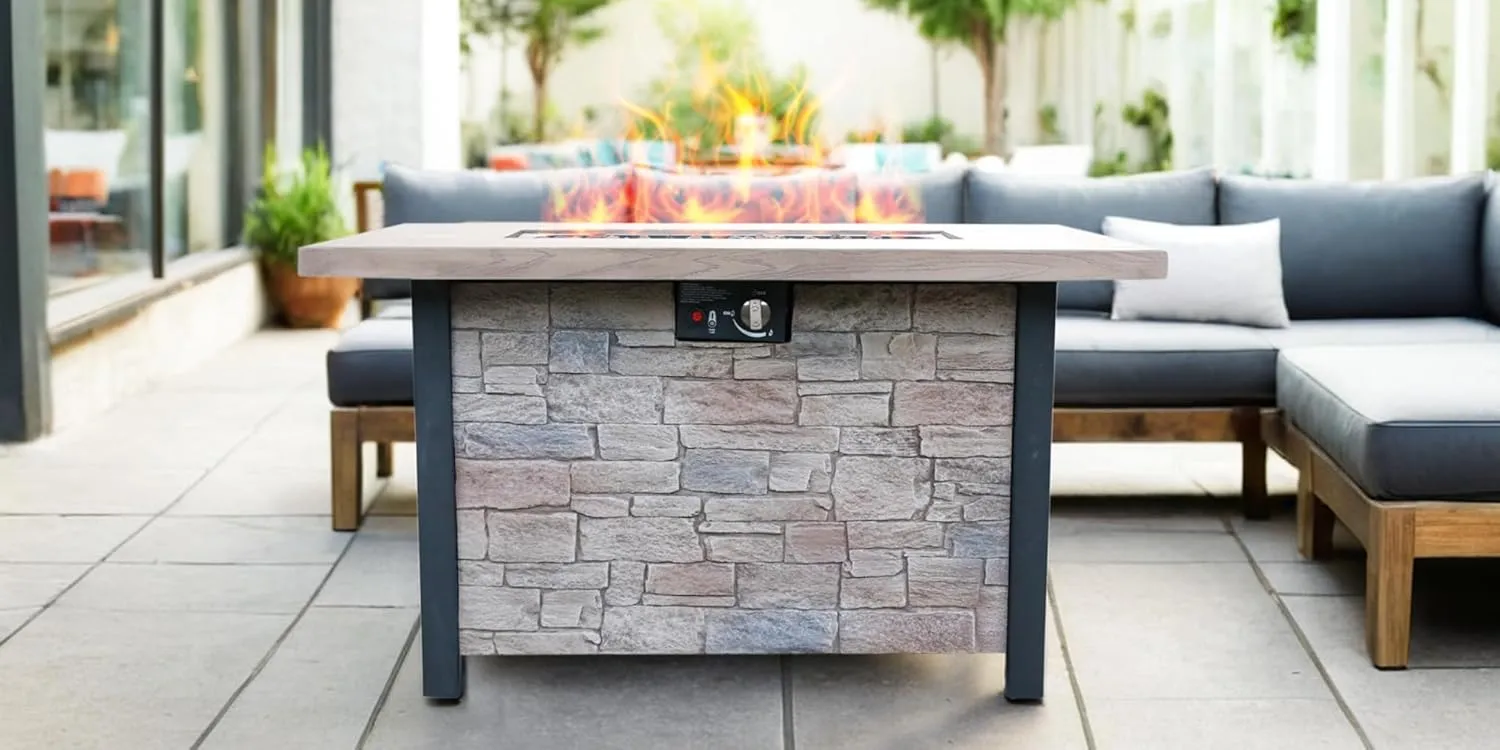 44" W x 25" H Outdoor Patio Propane Gas Fire Pit Table 50,000 BTU High Temperature Resistant Carving Process for Environmentally Friendly Materials with The Effect of Cultured Stone