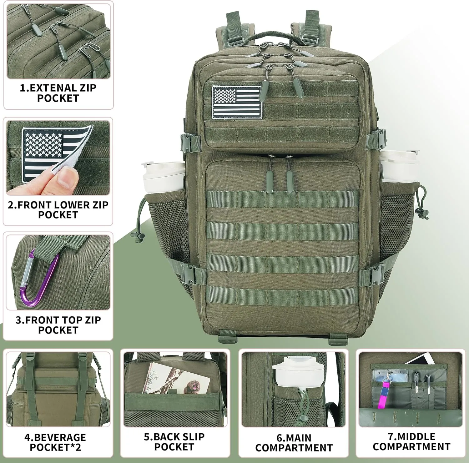 45L Tactical Assault Backpack 3 day assault pack with Molle Waterproof backpack Rucksack for Tactical Backpacks (Army green)