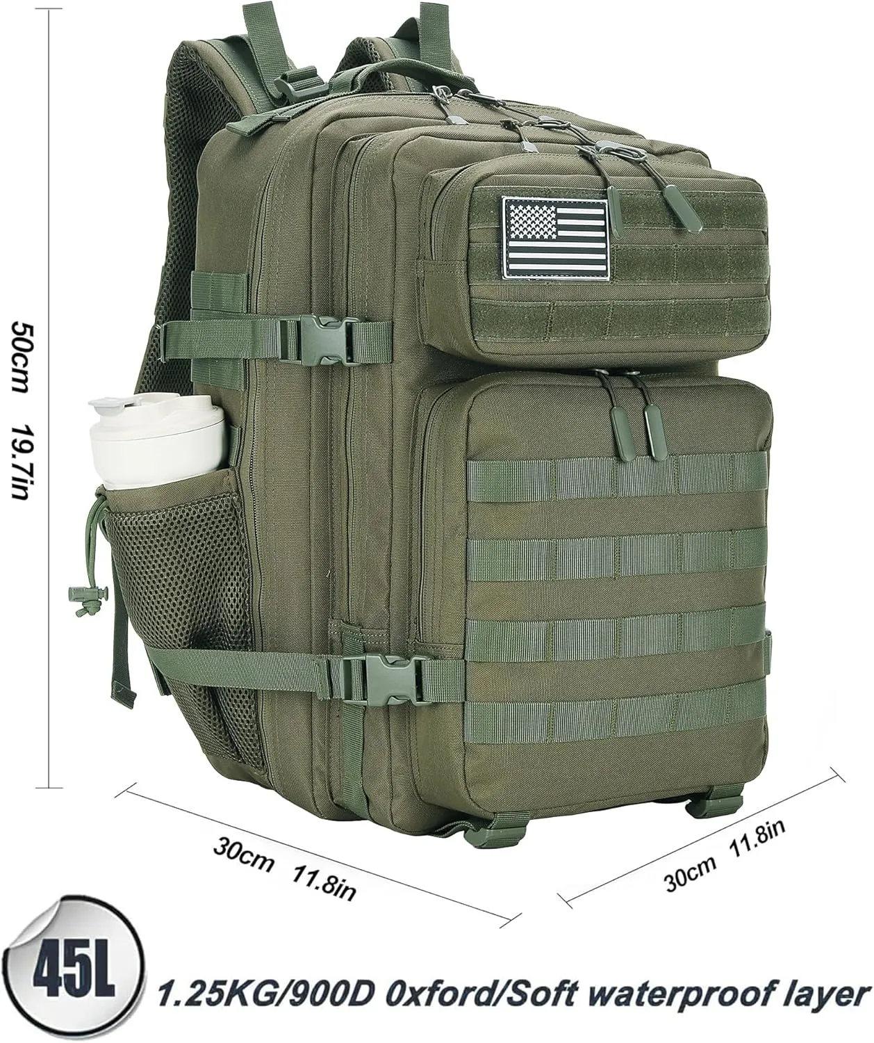 45L Tactical Assault Backpack 3 day assault pack with Molle Waterproof backpack Rucksack for Tactical Backpacks (Army green)
