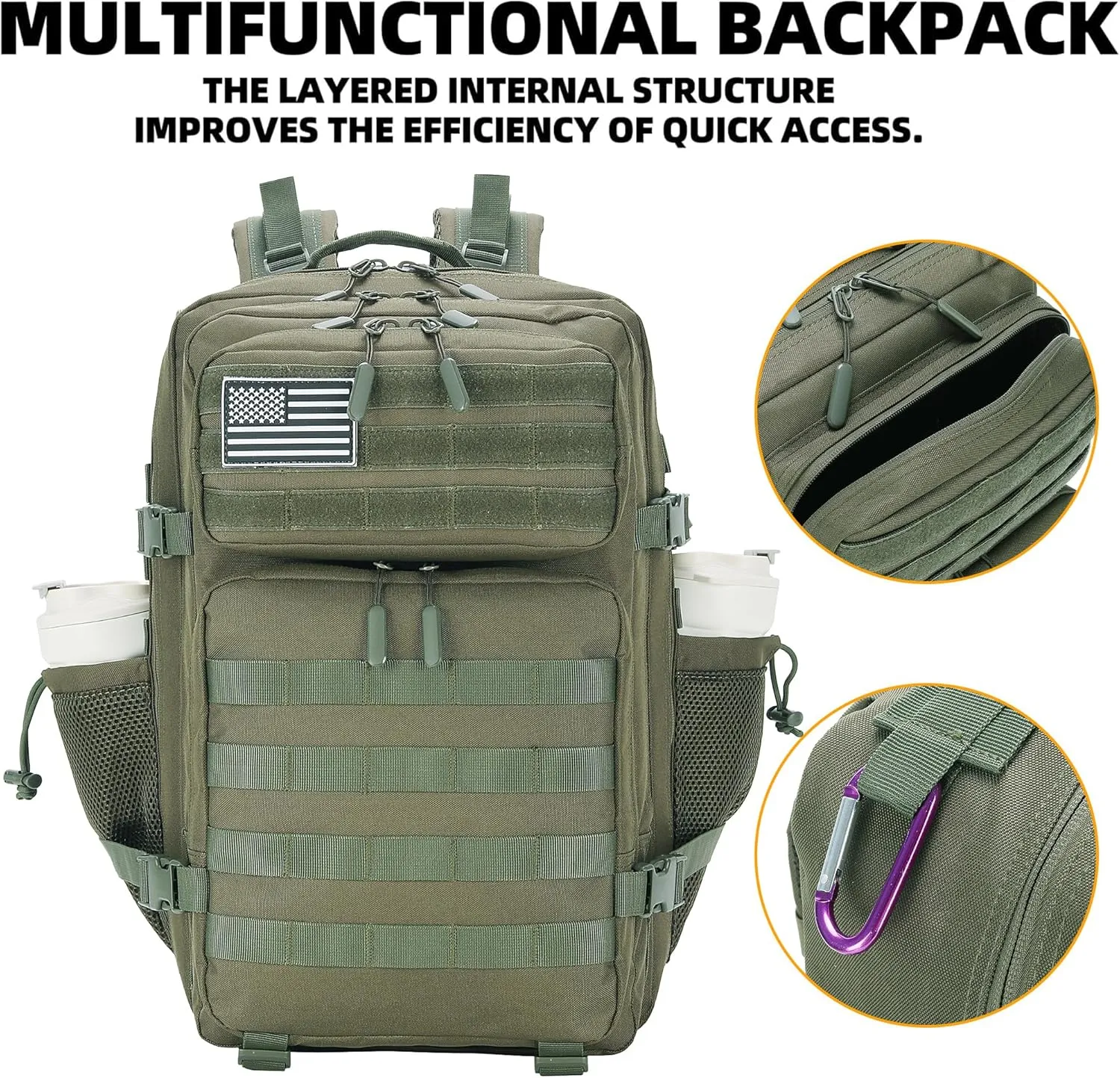 45L Tactical Assault Backpack 3 day assault pack with Molle Waterproof backpack Rucksack for Tactical Backpacks (Army green)