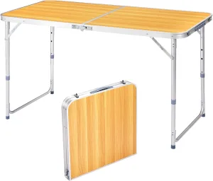 4ft Camping Tables Fold Up Lightweight, Folding Table Camping Table for Outdoor Camp Picnic Beach RV Backyards Kitchen BBQ, Portable & Foldable Design - Wood Grain Color, 120 x 60 x 55-70CM