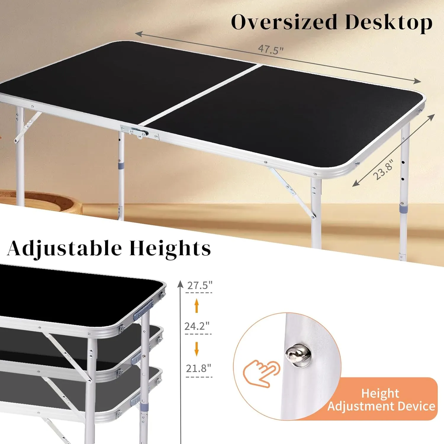 4ft Folding Camping Table, Portable Rectangular Picnic Tables, Outdoor Multipurpose Patio Tables with Carry Handle and Adjustable Legs for Tailgating Events Party, Load Bearing Capacity 70LBS
