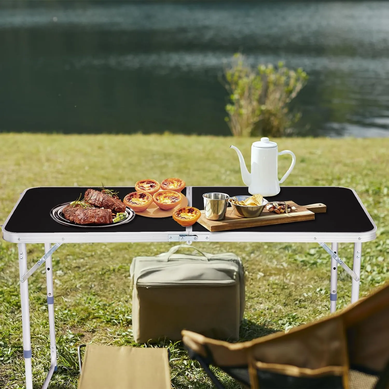 4ft Folding Camping Table, Portable Rectangular Picnic Tables, Outdoor Multipurpose Patio Tables with Carry Handle and Adjustable Legs for Tailgating Events Party, Load Bearing Capacity 70LBS