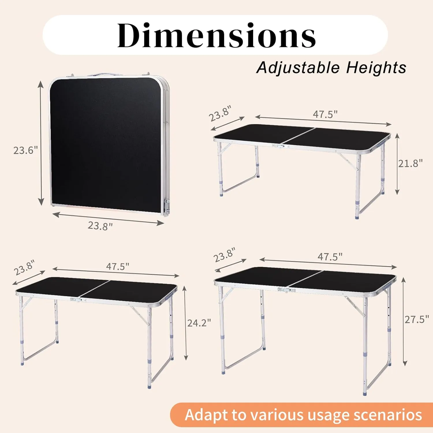 4ft Folding Camping Table, Portable Rectangular Picnic Tables, Outdoor Multipurpose Patio Tables with Carry Handle and Adjustable Legs for Tailgating Events Party, Load Bearing Capacity 70LBS