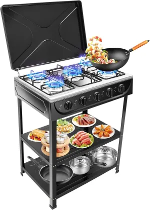 5 Burners Natural Gas Stove, 2.5KW Natural Gas Stove Propane Camp Stove Outdoor Gas Stove with Removable Storage Stand, Propane Stove with 2 Placement Boards for Camping Picnic Home, Black