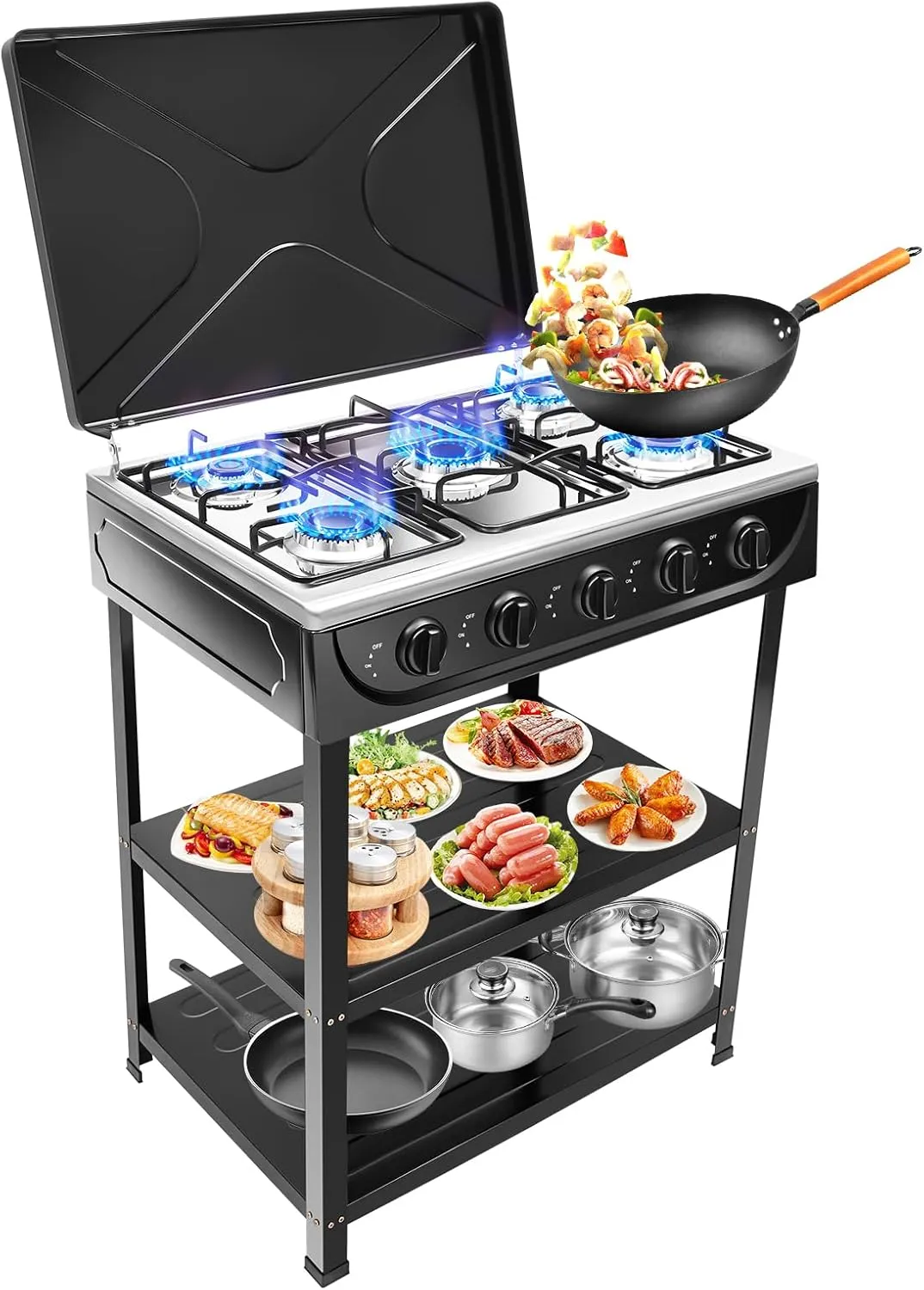 5 Burners Natural Gas Stove, 2.5KW Natural Gas Stove Propane Camp Stove Outdoor Gas Stove with Removable Storage Stand, Propane Stove with 2 Placement Boards for Camping Picnic Home, Black