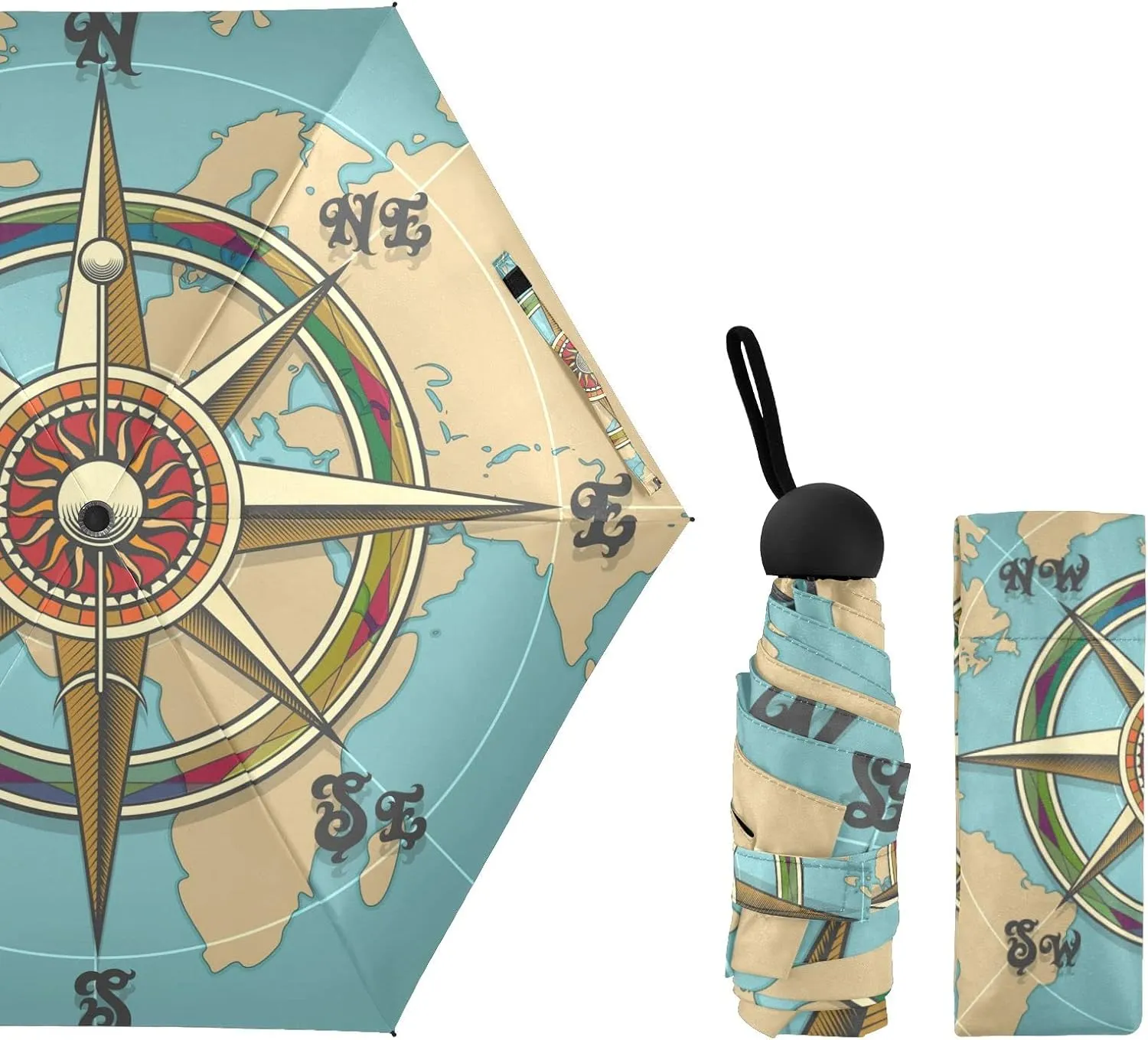 5 Folding Compact Pocket Windproof Umbrella, 6 Ribs Ultra-Light Foldable Vinyl Parasol, Mini Anti-UV Travel Umbrella