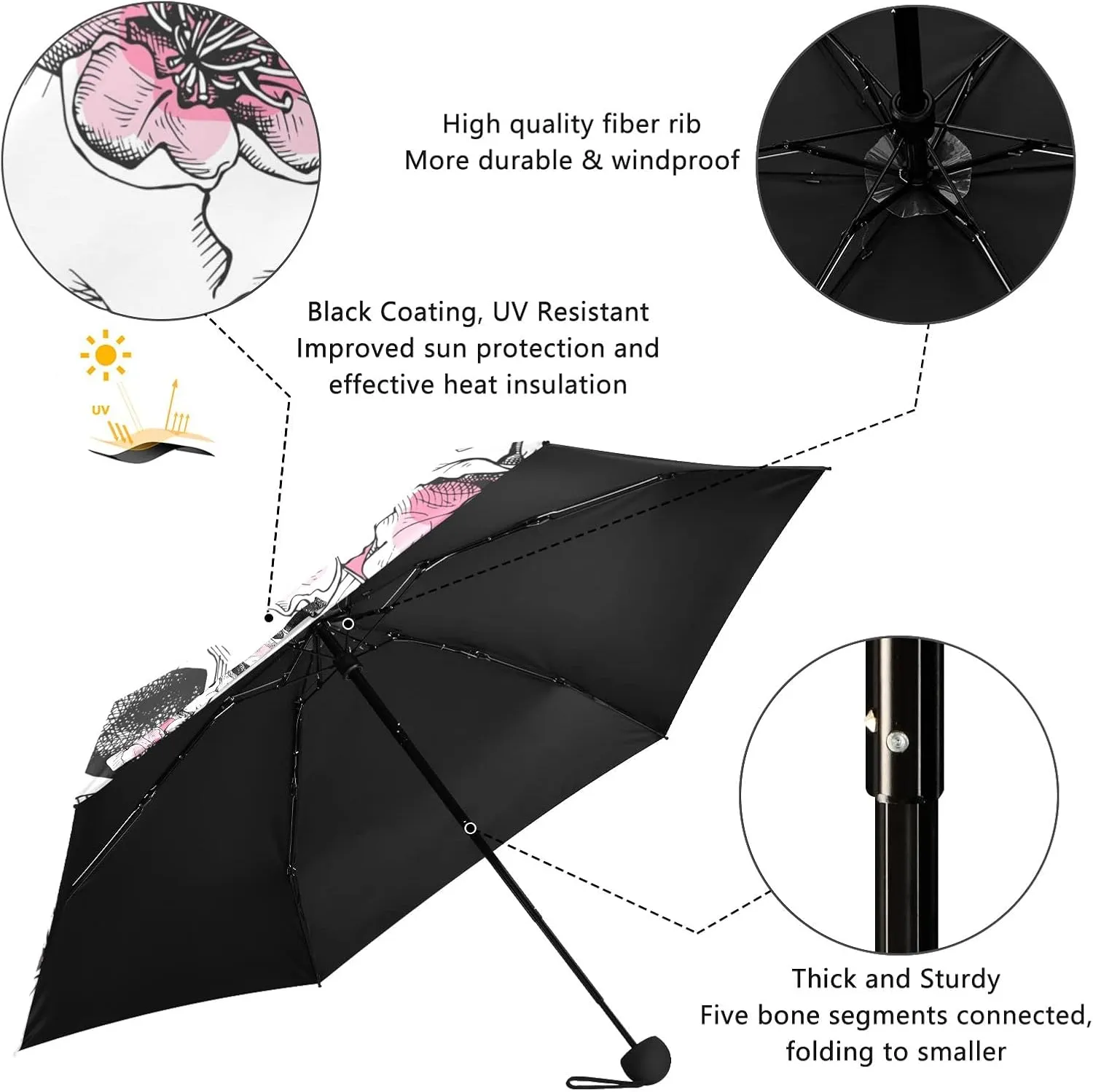 5 Folding Compact Pocket Windproof Umbrella, 6 Ribs Ultra-Light Foldable Vinyl Parasol, Mini Anti-UV Travel Umbrella