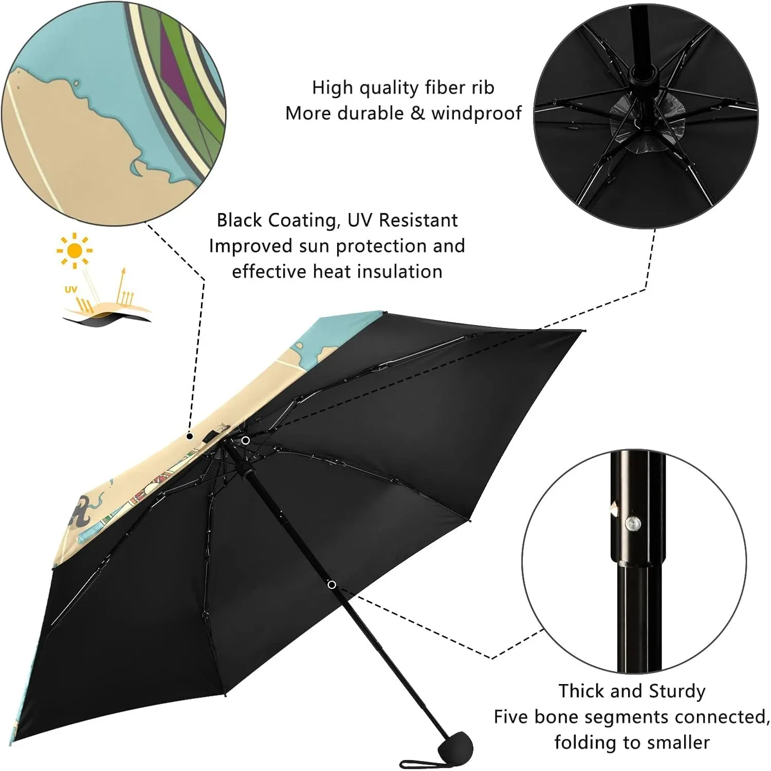 5 Folding Compact Pocket Windproof Umbrella, 6 Ribs Ultra-Light Foldable Vinyl Parasol, Mini Anti-UV Travel Umbrella