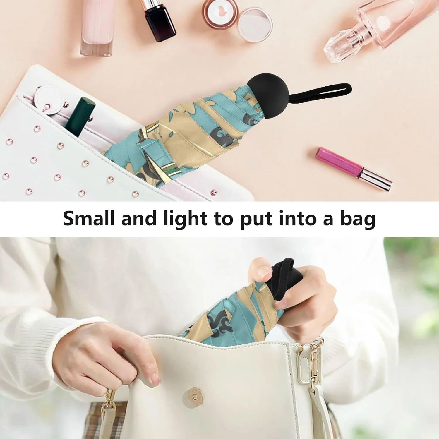 5 Folding Compact Pocket Windproof Umbrella, 6 Ribs Ultra-Light Foldable Vinyl Parasol, Mini Anti-UV Travel Umbrella