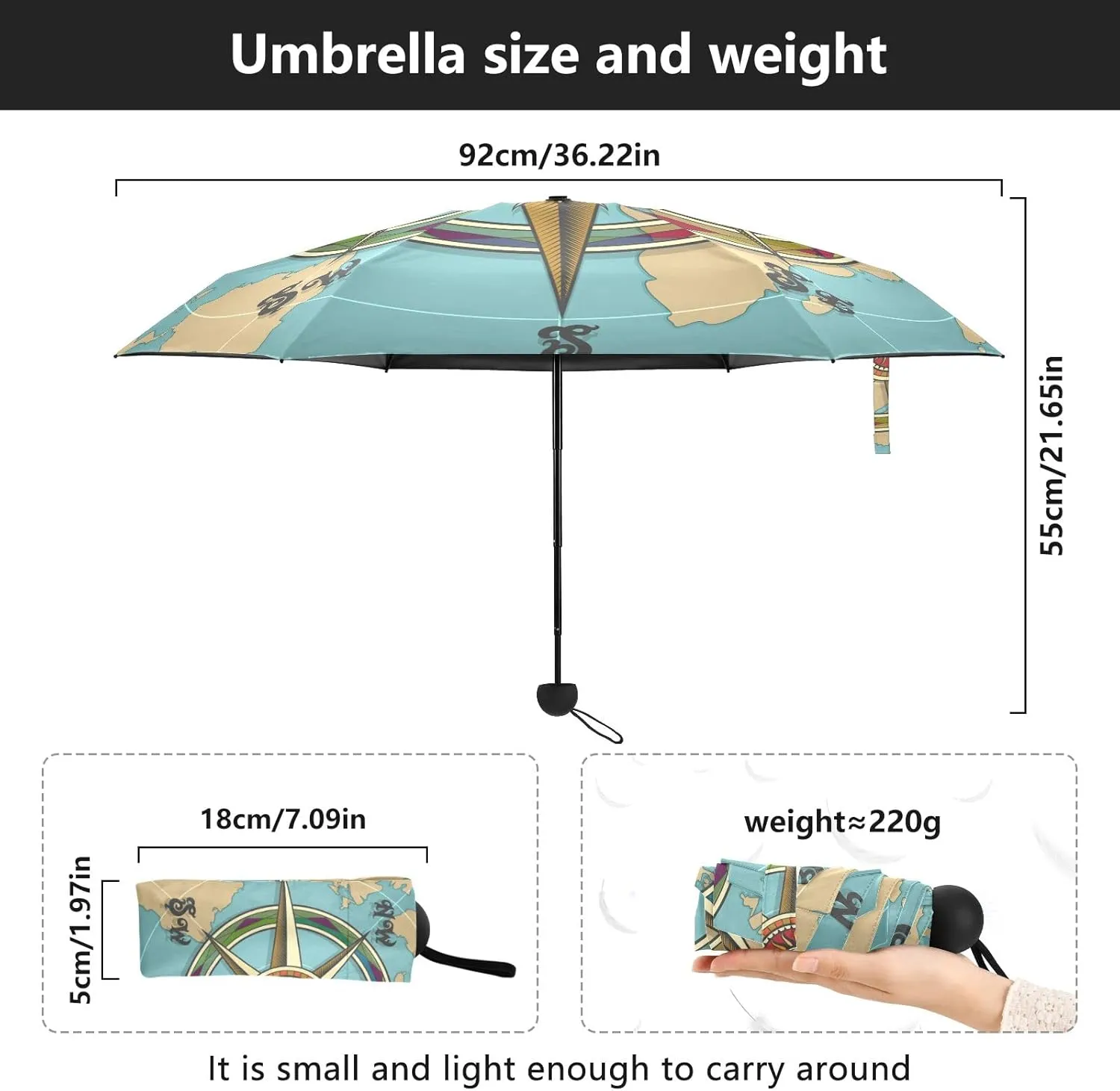 5 Folding Compact Pocket Windproof Umbrella, 6 Ribs Ultra-Light Foldable Vinyl Parasol, Mini Anti-UV Travel Umbrella