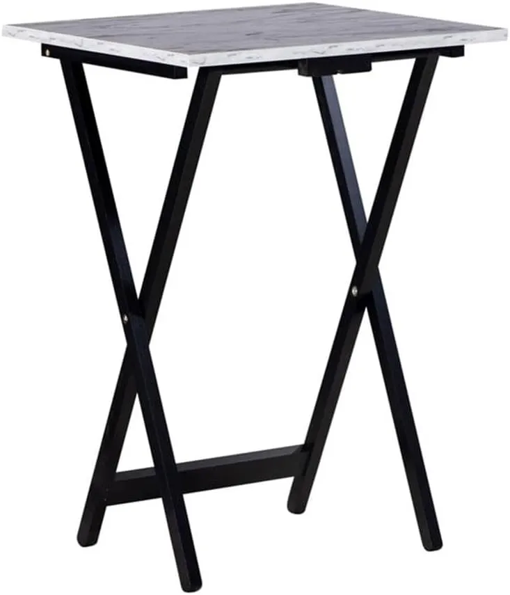 5-Piece Faux Marble & Wood Folding Tray Table and Storage Stand Set with X-Legs, Handle On Top, in White & Black Finish