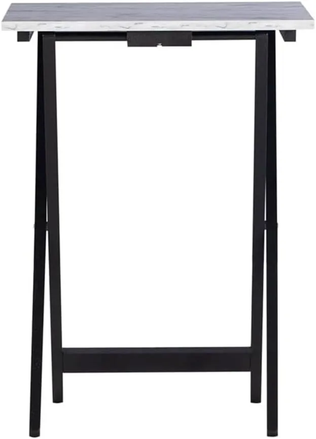 5-Piece Faux Marble & Wood Folding Tray Table and Storage Stand Set with X-Legs, Handle On Top, in White & Black Finish