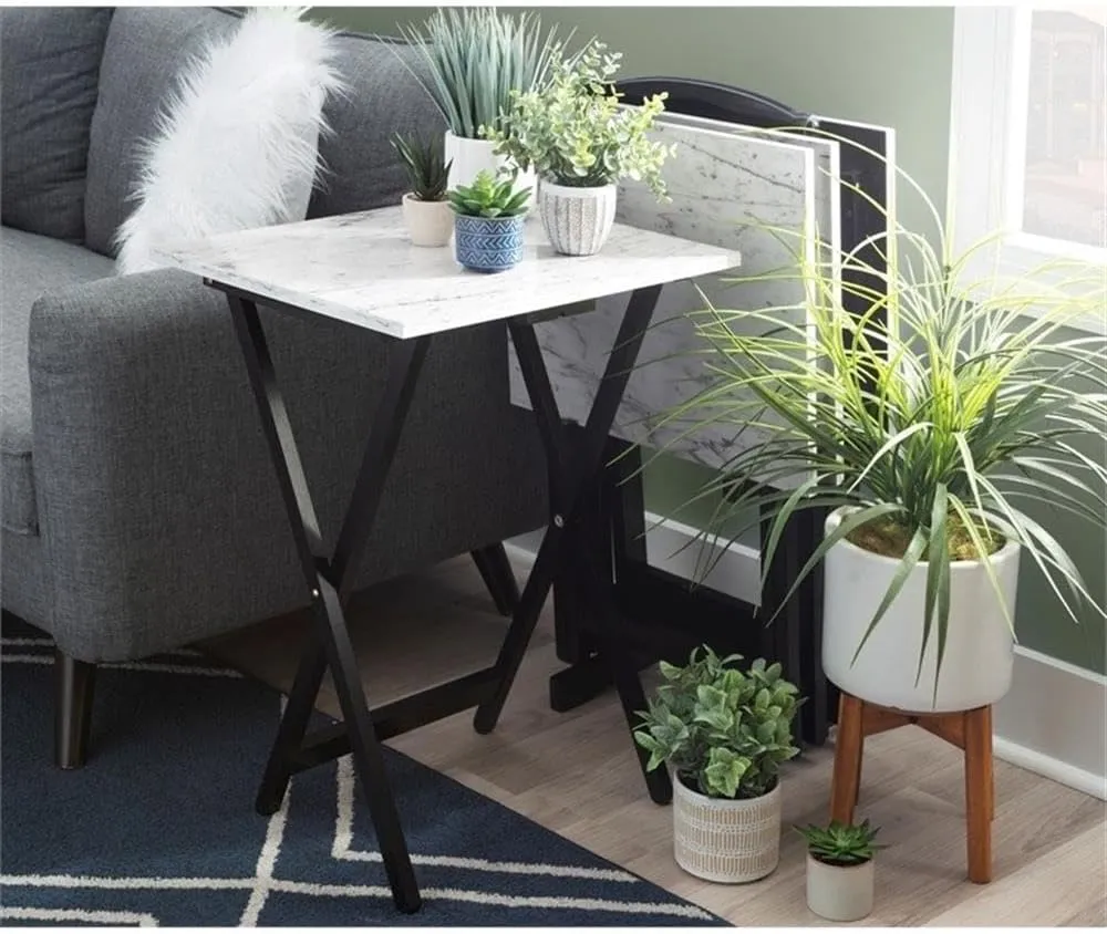 5-Piece Faux Marble & Wood Folding Tray Table and Storage Stand Set with X-Legs, Handle On Top, in White & Black Finish