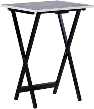 5-Piece Faux Marble & Wood Folding Tray Table and Storage Stand Set with X-Legs, Handle On Top, in White & Black Finish