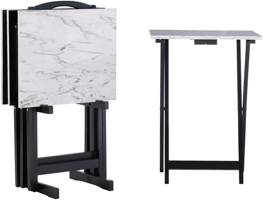 5-Piece Faux Marble & Wood Folding Tray Table and Storage Stand Set with X-Legs, Handle On Top, in White & Black Finish