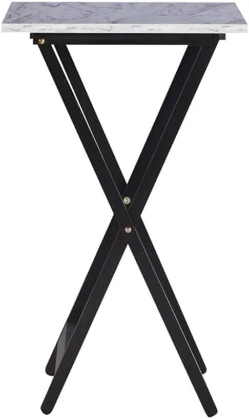 5-Piece Faux Marble & Wood Folding Tray Table and Storage Stand Set with X-Legs, Handle On Top, in White & Black Finish