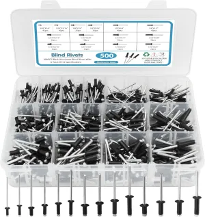 500pcs Black Rivets Pop Rivets Assortment Kit, 14 SAE Sizes Aluminum Rivets (3/32" 1/8" 5/32" 3/16"), Assorted Blind Rivets with Reinfored Divider & Labeled Case for Storage